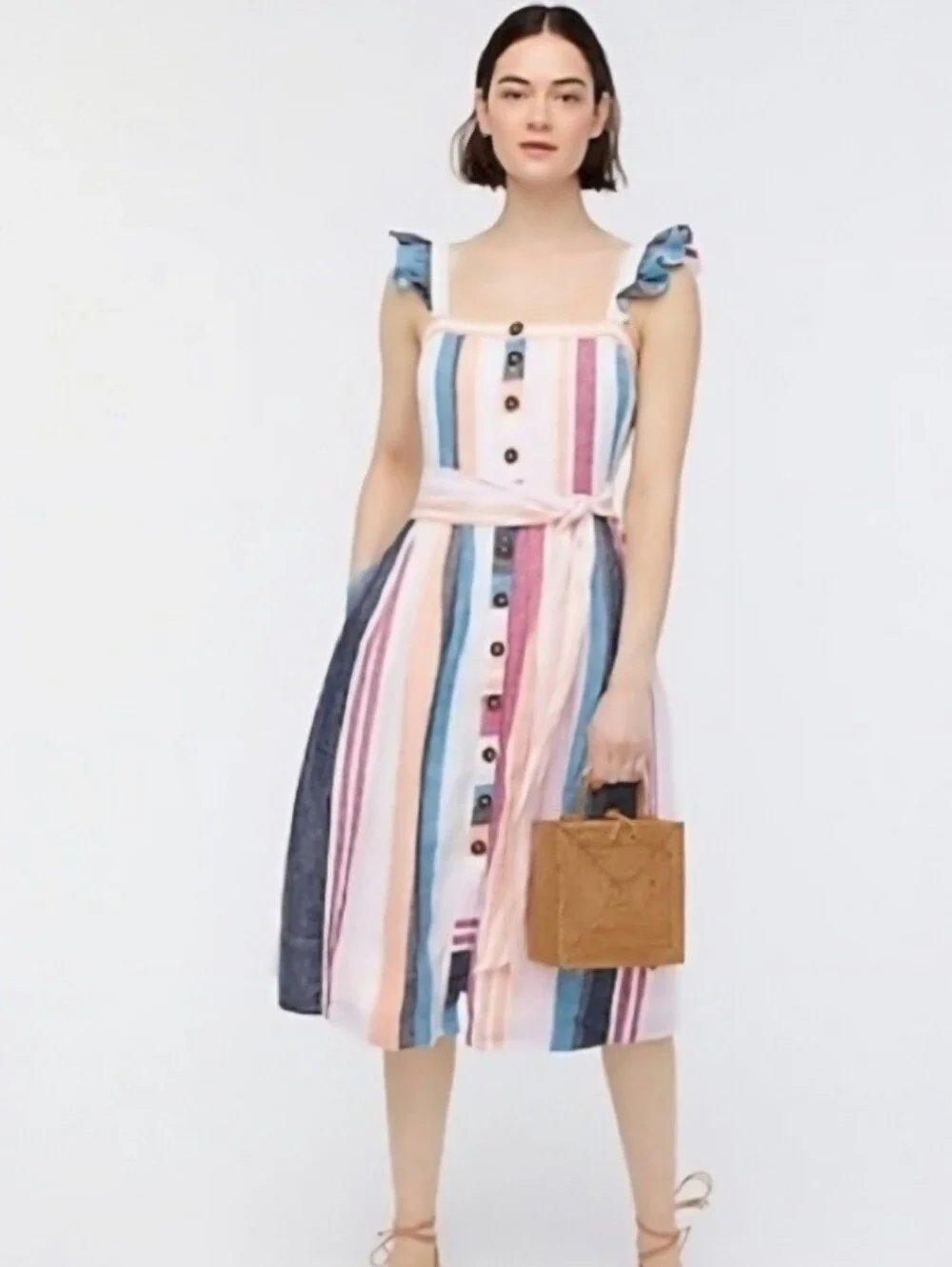 J Crew Striped Button-Front Midi Dress in Pastel Multi 0 NWT